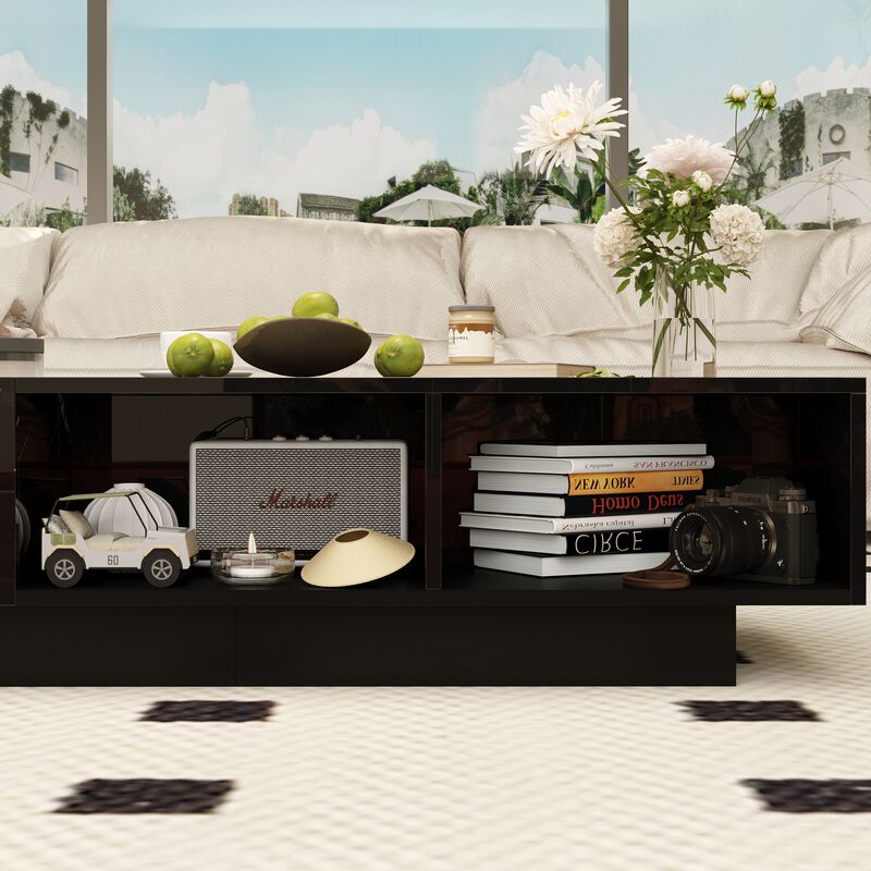 FUFU&GAGA Modern High-Gloss Black Coffee Table with Marble Texture, 2 Drawers & 3 Open Shelves (47.2" W x 23.6" D x 11.6" H), Black
