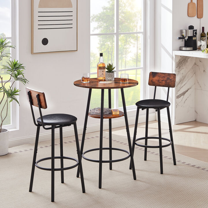 Upholstered Round Barstool Set with Backrest, Rustic Brown, 23.62" W X 23.62" D X 35.43"