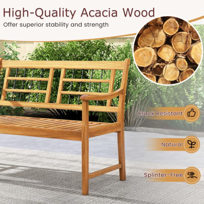 Hivvago Patio Acacia Wood Bench with Curved Armrests Slatted Seat and Backrest
