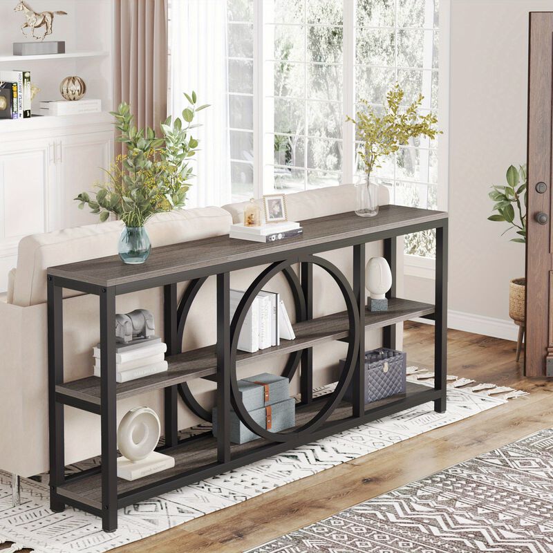 Extra Long Console Table, 70.9 inch Narrow Sofa Tables with 3 Tier Wood Storage Shelves Industrial Metal Frame for Entryway Hallway Living Room Behind Couch