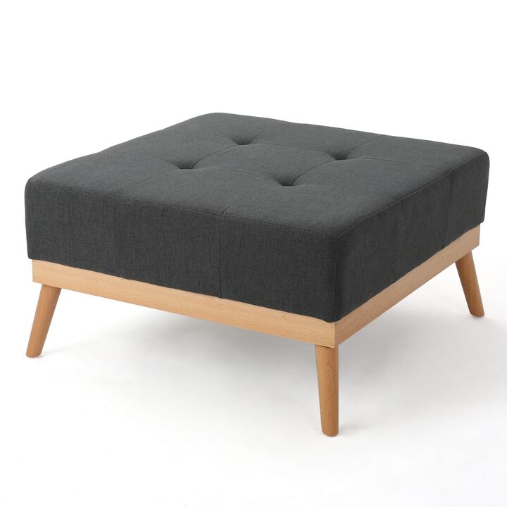 Ottoman, Tufted Dark Gray Fabric, Plush Cushion, Brown Wood, 32 Inch -Benzara