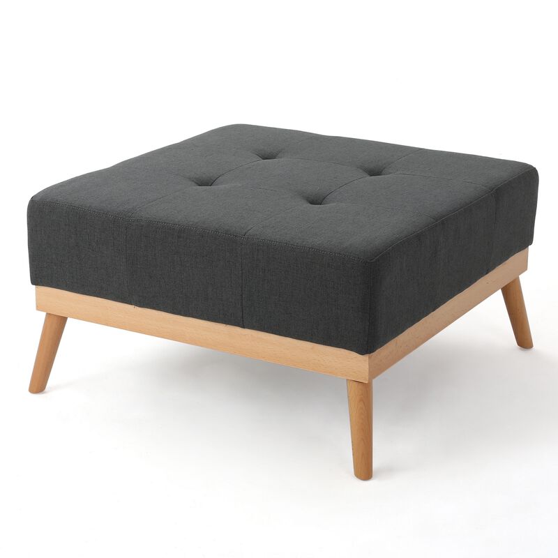 Ottoman, Tufted Dark Gray Fabric, Plush Cushion, Brown Wood, 32 Inch -Benzara