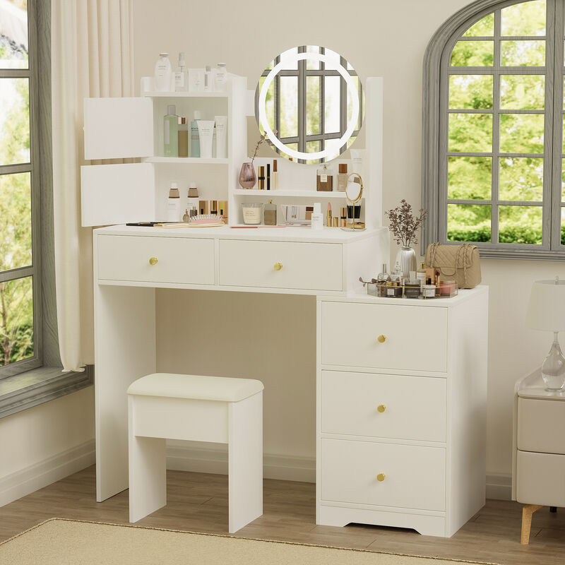 Vanity Desk with Mirror & Lights, 3-Color Adjustable Brightness, Table with Stool