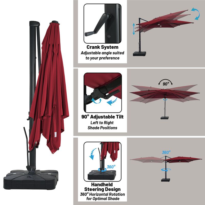 10 ft 360° Rotation Square Cantilever Patio Umbrella with BaseandBT in Red