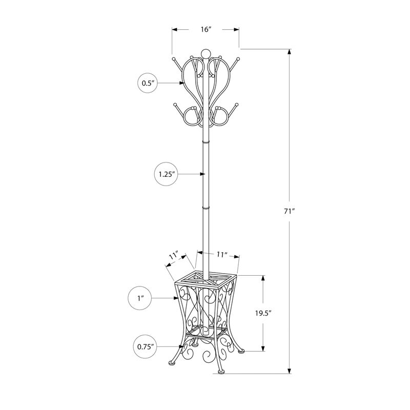 Monarch Specialties I 2060 Coat Rack, Hall Tree, Free Standing, 8 Hooks, Entryway, 71"H, Umbrella Holder, Bedroom, Metal, Black, Transitional
