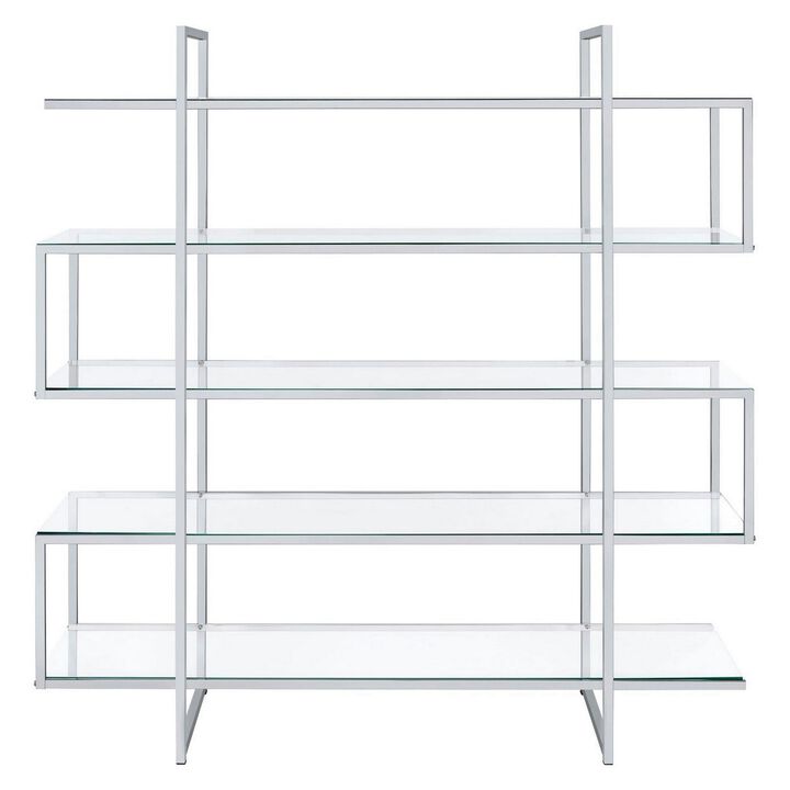 Bookcase with 5 Tempered Glass Shelves and Electroplated Frame, Chrome-Benzara