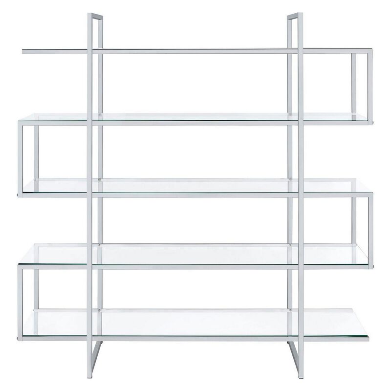 Bookcase with 5 Tempered Glass Shelves and Electroplated Frame, Chrome-Benzara