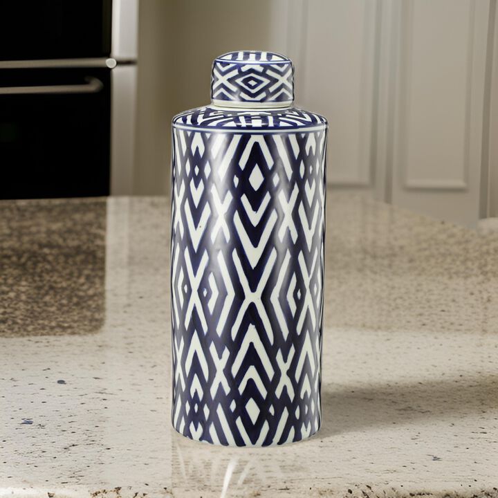 Ceramic Lidded Large Jar with Abstract Pattern, Blue And White-Benzara