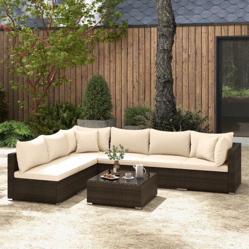 Hivvago 7 Pieces Patio Rattan Furniture Set with Sectional Sofa Cushions-Beige
