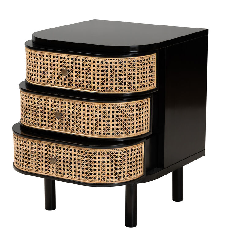 Bali & Pari Nabila Modern Black Bayur Wood and Natural Rattan 3-Drawer End Table Nightstand