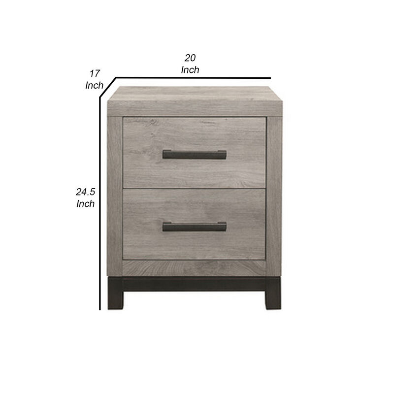 Deena 25 Inch Classic 2 Drawer Nightstand, Metal Handles, Wood Grain Gray-Benzara