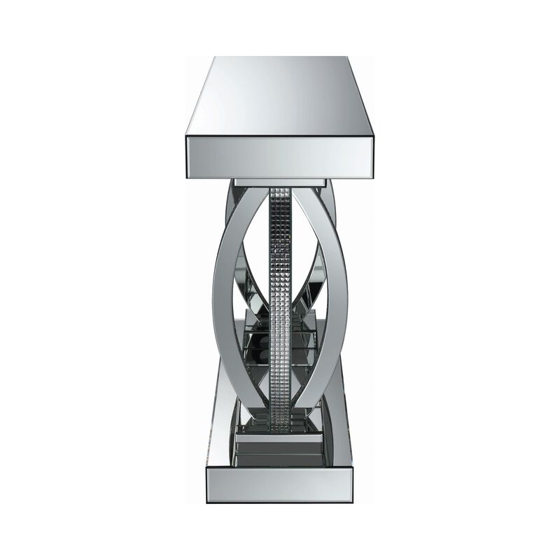 Mirrored Wooden Sofa Table with Curved Base and 1 Open Shelf, Silver-Benzara