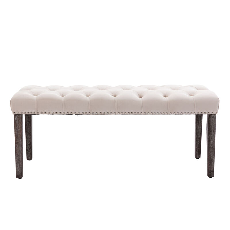 Beige Velvet Tufted Bench Ottoman