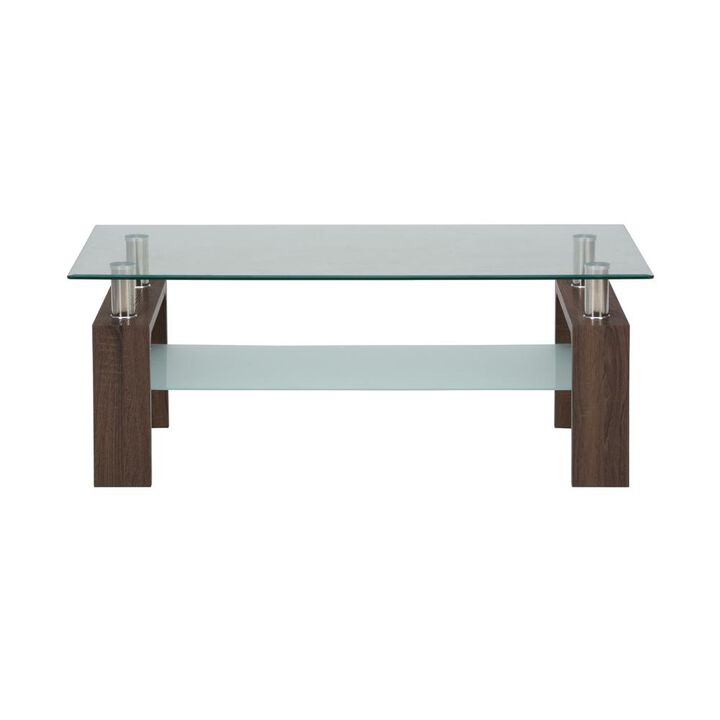 Jofran Compass Clear Modern Glass Rectangle 48 Coffee Table, Brown Wood and Glass