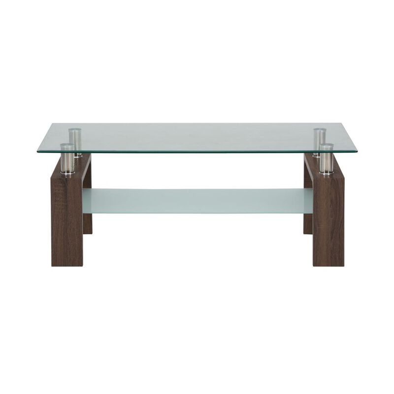 Jofran Compass Clear Modern Glass Rectangle 48 Coffee Table, Brown Wood and Glass