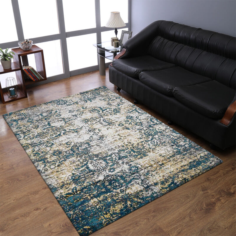 RUGSOTIC CARPETS MACHINE MADE HEATSET POLYPROPYLENE AREA RUGS  - 6'7''x9', Rectangle Shape, Ivory Blue Color, Abstract Modern Design, Midium Pile Machine Made Area Rugs (MX0006)