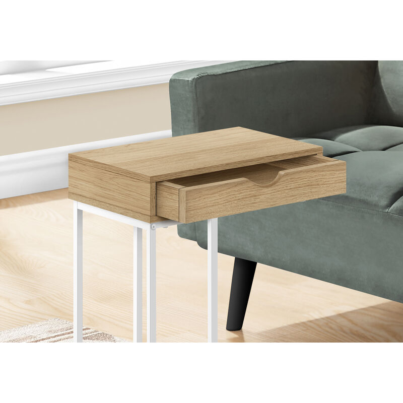 Monarch Specialties I 3775 Accent Table, C-shaped, End, Side, Snack, Storage Drawer, Living Room, Bedroom, Metal, Laminate, Natural, White, Contemporary, Modern