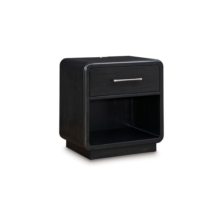 Robeck Nightstand, 1 Drawer, Black 26 Inch, Silver Metal Handles - Benzara