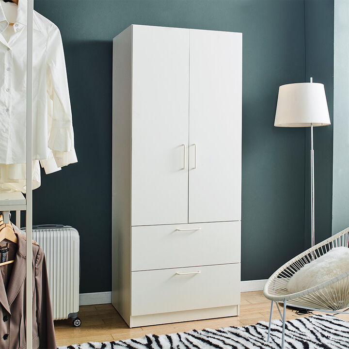 FC Design Klair Living Two-Door Wood Closet with Two Drawers and Hanging Bars in White