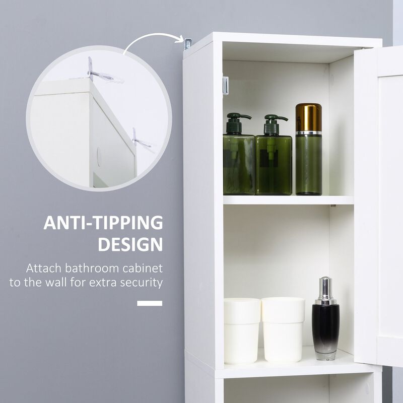 White Bathroom Tower: 71" Freestanding Cabinet with Mirror and Shelves