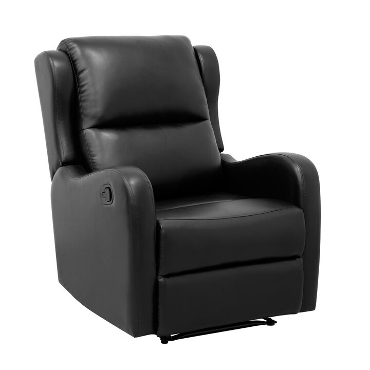 Kim 38 Inch Manual Recliner Chair, Cushioned Black Faux Leather, Solid Wood - Benzara