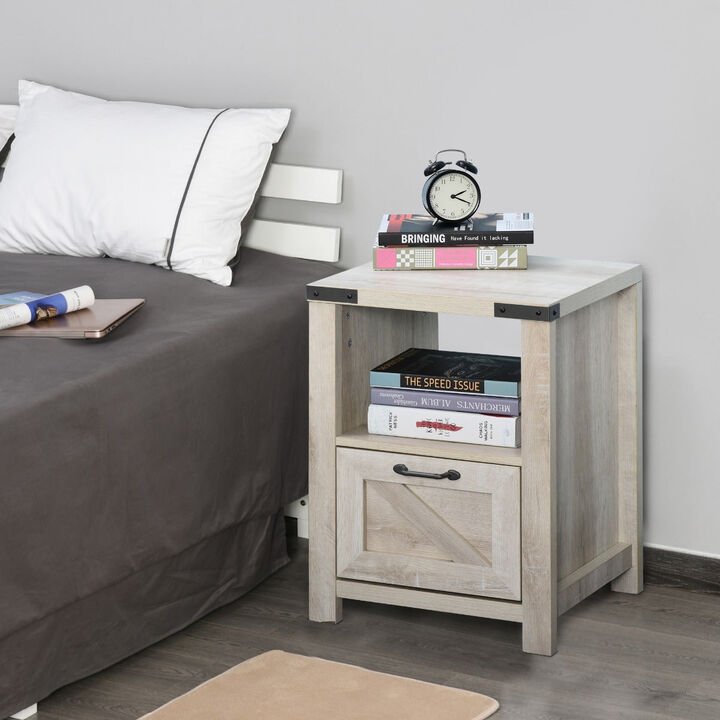 Natural Industrial Side Table: Retro End Desk with Drawer, Shelf, Big Tabletop