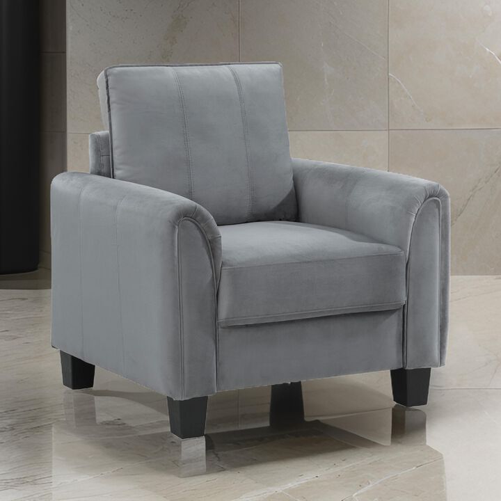 Dave Accent Chair, Gray Fabric, Rounded Armrests, Black Tapered Legs  - Benzara