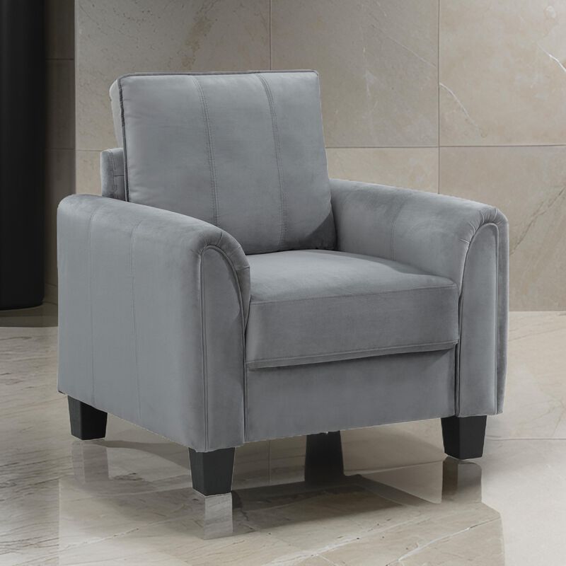 Dave Accent Chair, Gray Fabric, Rounded Armrests, Black Tapered Legs  - Benzara