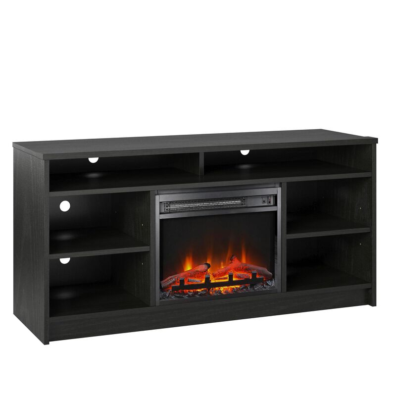 REALROOMS Hickory Hill 55" TV Stand with Electric Fireplace Space Heater and 6 Shelves