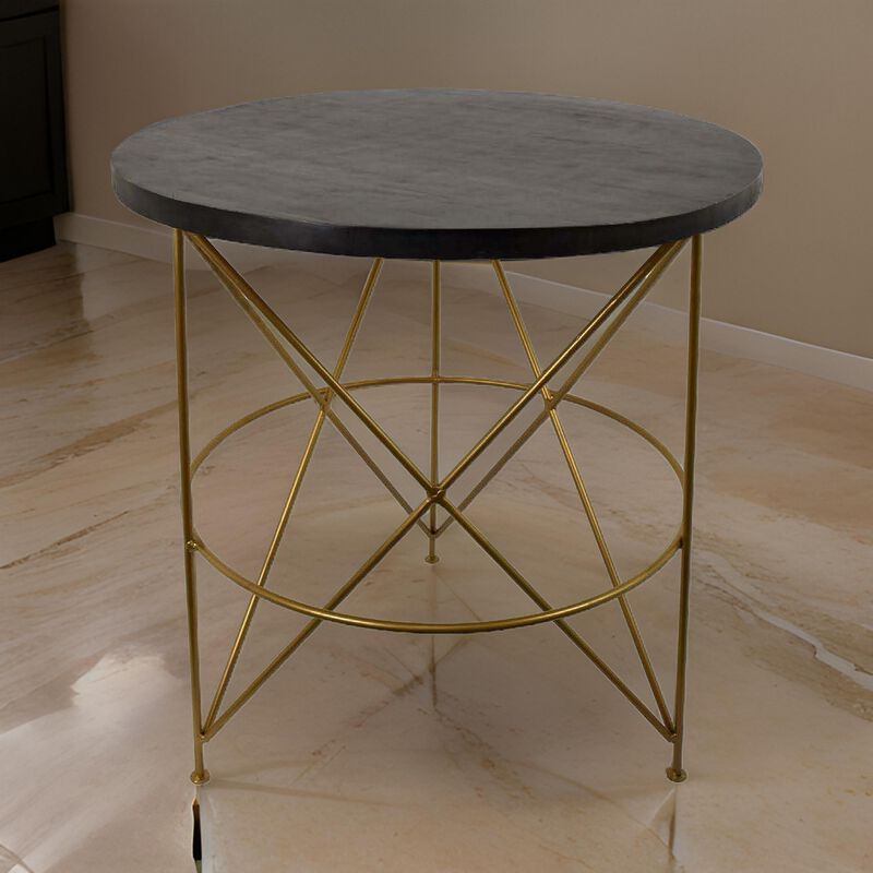 23 Inch Plant Stand Table, Round Top, Modern Gold Geometric Frame, Black - Benzara