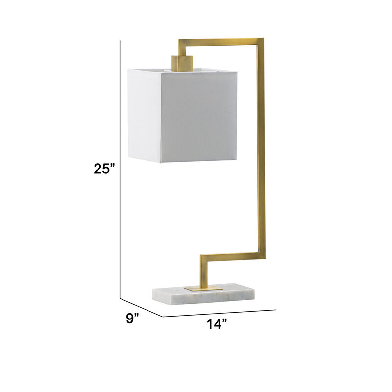 25 Inch Modern Geometric Table Lamp, Square Shade, White Marble Base, Gold-Benzara