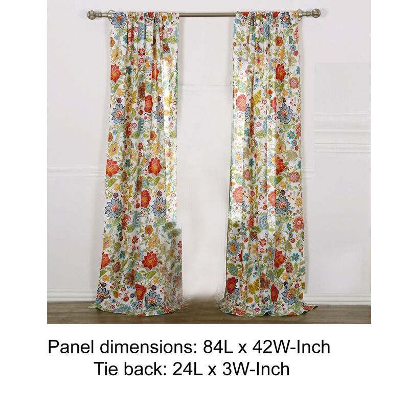 84 Inch Window Panel Curtain, Red and Blue Flowers, Polyester, Back Ties - Benzara