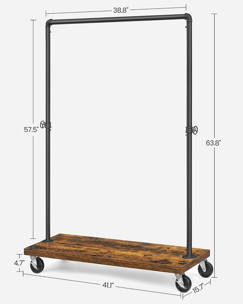 Heavy-Duty Industrial Pipe Style Rolling Clothes Rack with Shelf - Rustic Brown & Black