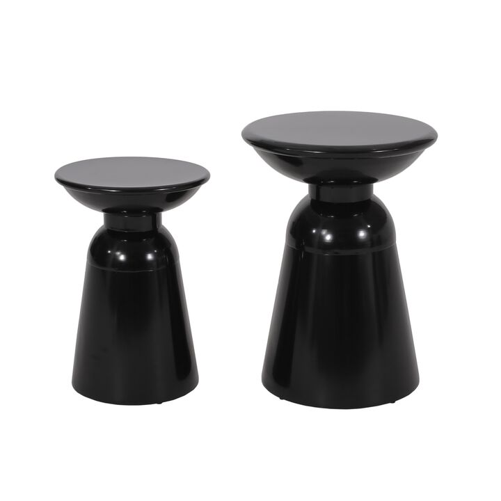 Side End Table Set of 2, Round Taper Top, Pedestal Base, Black Metal - Benzara