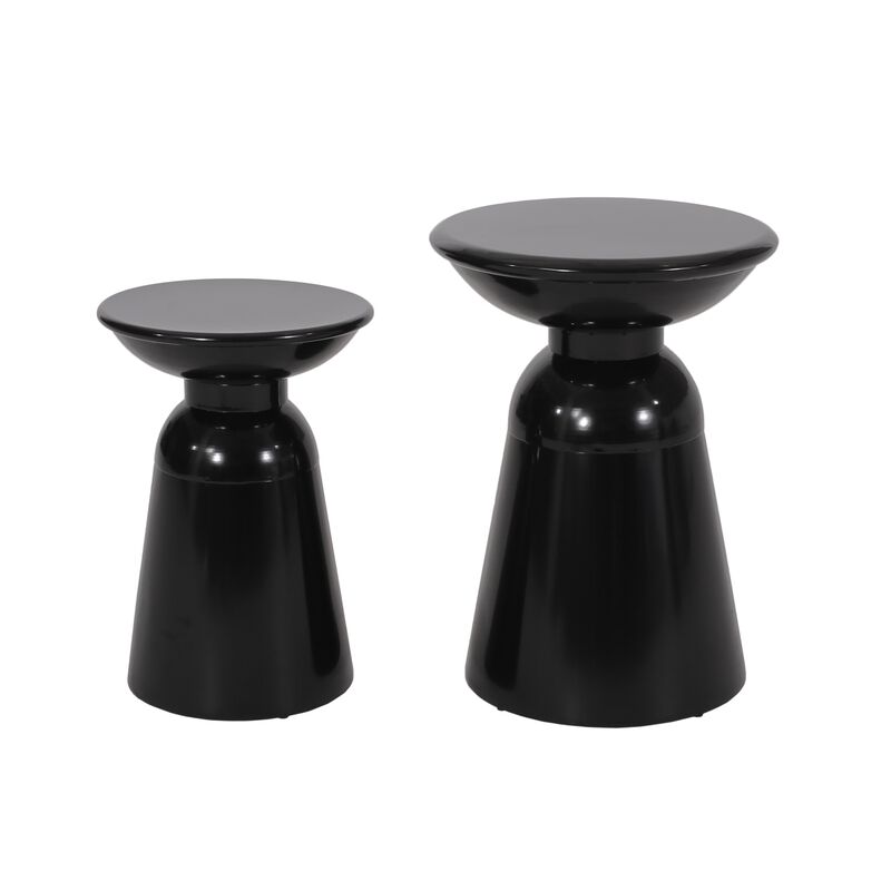 Side End Table Set of 2, Round Taper Top, Pedestal Base, Black Metal - Benzara