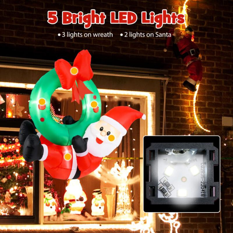 Hivvago 4 ft Inflatable Santa Claus Wreath with Red Bow and 5 LED Lights