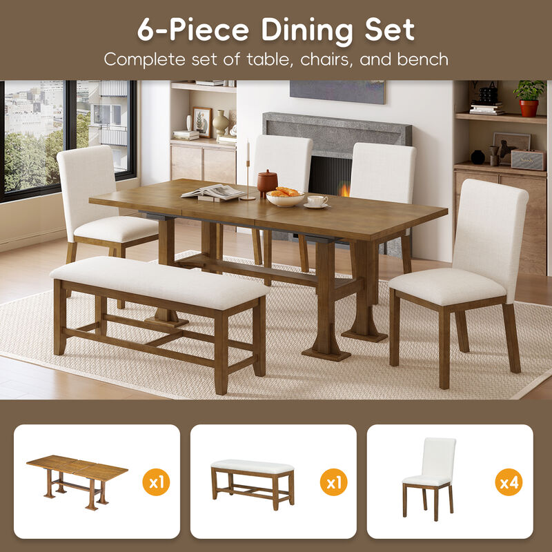 Merax Farmhouse 76inch 6-Piece Extendable Dining Set