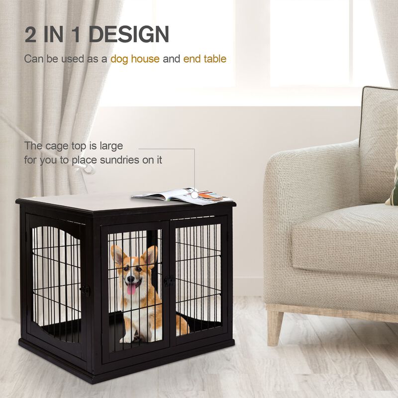 Coffee-Colored Pet Furniture: Wooden Dog Crate End Table, Two Openings