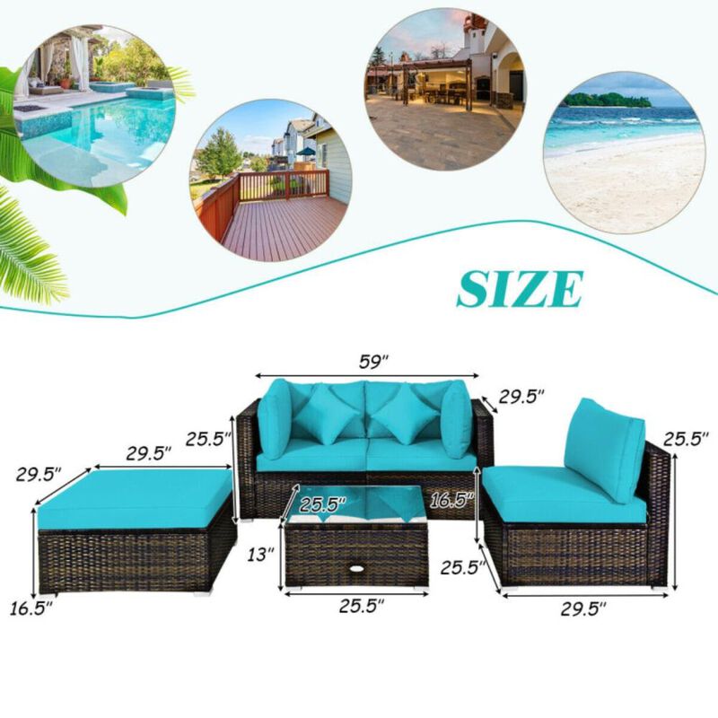 Hivvago 5 Pcs Outdoor Patio Rattan Furniture Set Sectional Conversation with Navy Cushions