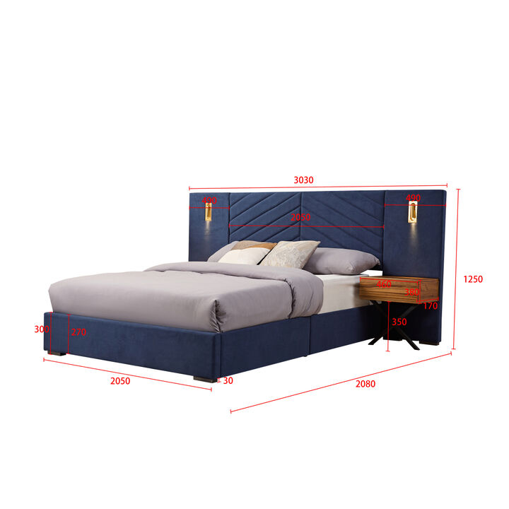 King Size Velvet Bed Frame/Vertical Channel Tufted Wingback Headboard/Upholstered Platform Bed/Strong Wooden Slats/No Box Spring Needed/Easy Assembly Royal blue