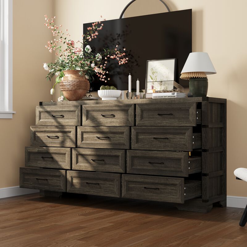 FUFU&GAGA 12-Drawer Dresser, Wood Storage Cabinet, Large dresser for Bedroom, Living Room, Hallway (63.4" W x 31.5" H x 15.4" D), Grey