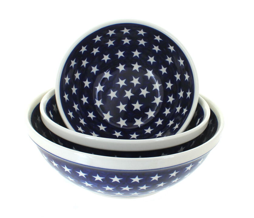 Blue Rose Polish Pottery Blue Tulip 3 Piece Serving Bowl Set