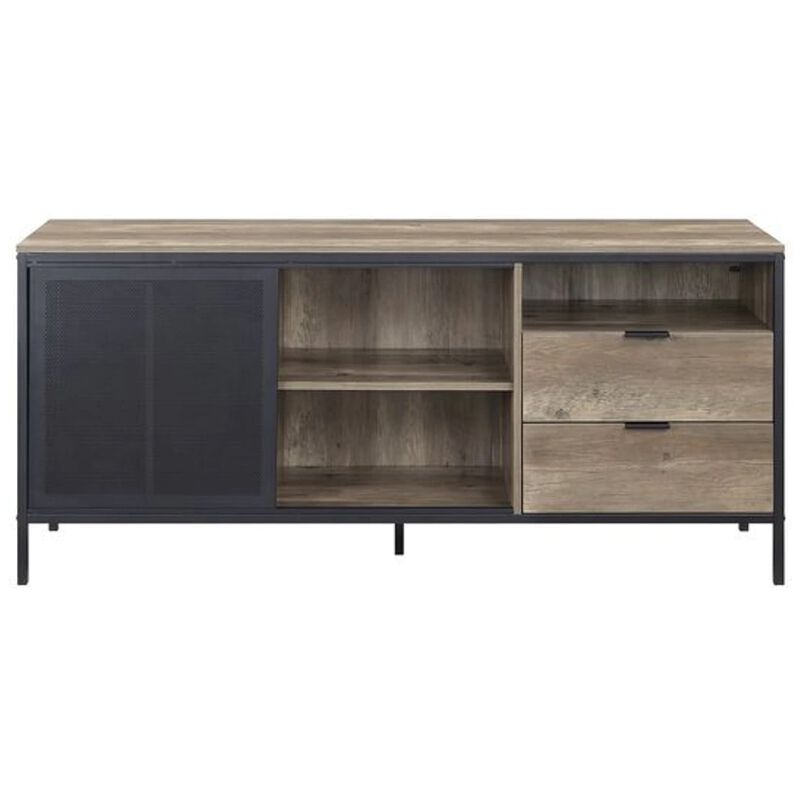 TV Stand with Metal Frame, Rustic Oak Brown and Black-Benzara