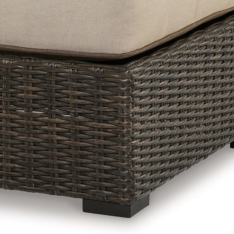 Waga 29 Inch Outdoor Ottoman, Cushioned Seat, Resin Wicker, Brown, Beige - Benzara