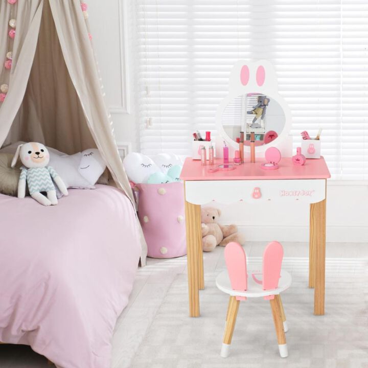 Hivvago Kids Vanity Set Rabbit Makeup Dressing Table Chair Set with Mirror and Drawer