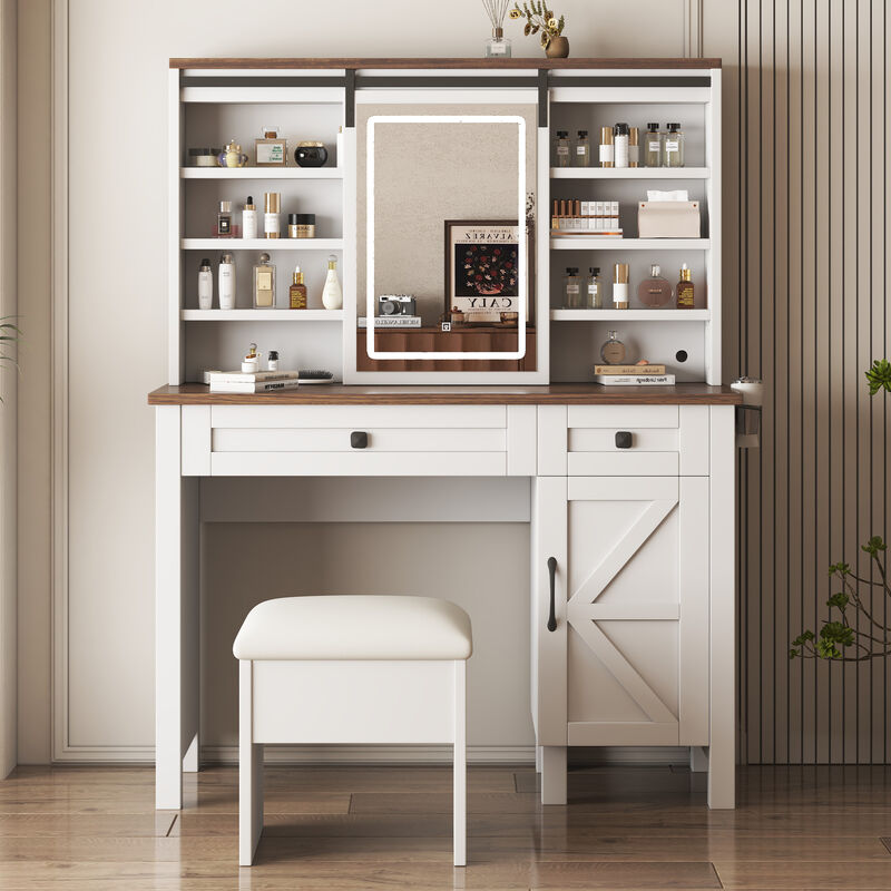 Large Vanity Desk with Lighted Sliding Mirror, Charging Station, Shelves & Drawers