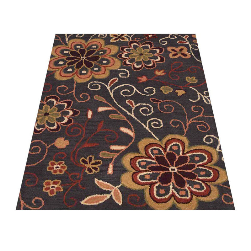 RUGSOTIC CARPETS HAND TUFTED WOOL ECO-FRIENDLY AREA RUGS  - 5'x8', Rectangle Shape, Charcoal, Floral Modern Design, High Pile Thick Handmade Anti Skid Area Rugs for Living Room, Bed Room (K00656)