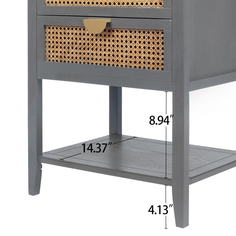 2 Drawer Side Table, Natural Rattan, End Table, Suitable For Bedroom, Living Room, Study