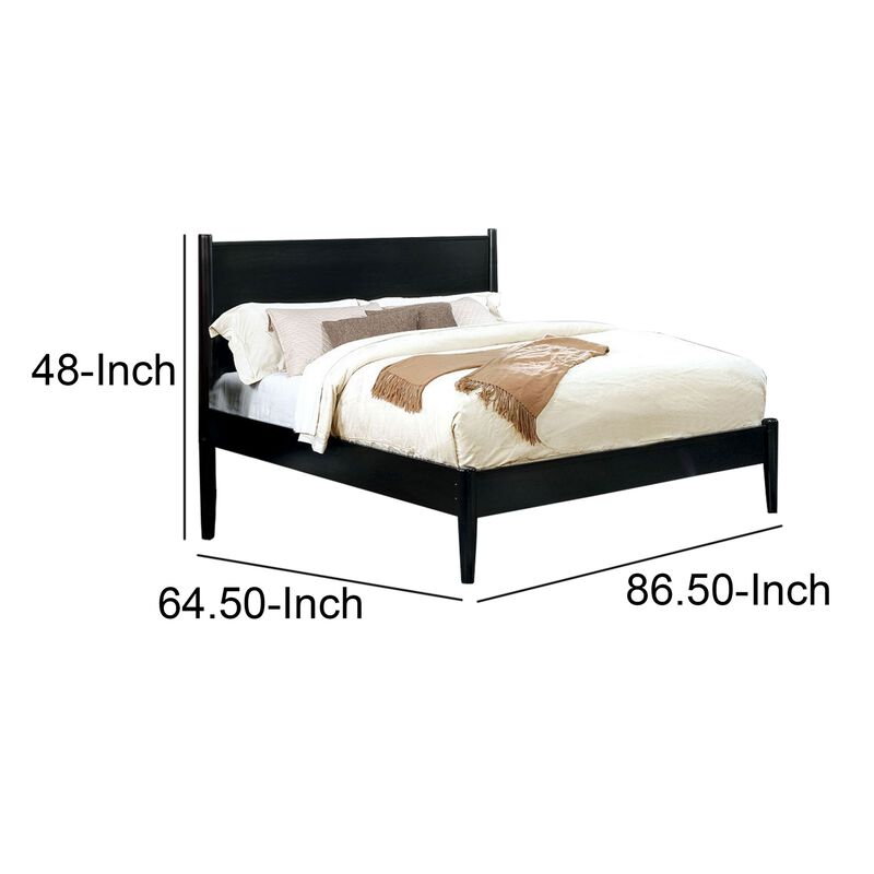 Mid Century Modern Wood Queen Bed with Round Tapered Legs, Black-Benzara