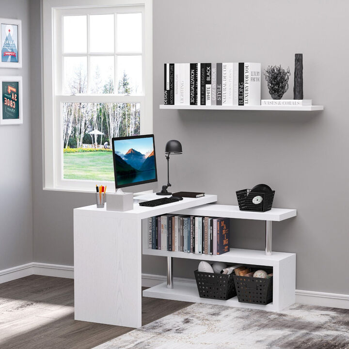 White Corner Workstation: L-Shaped Desk with 360° Rotating Design